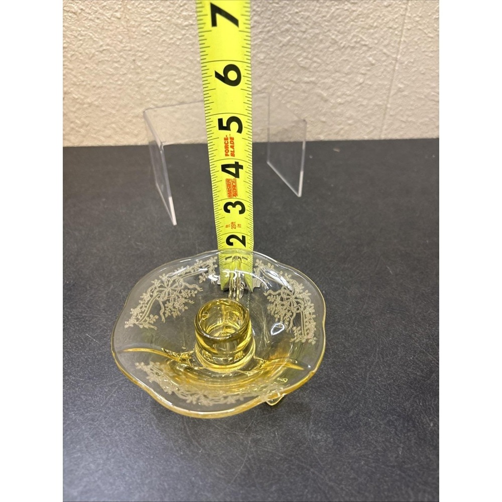 Vtg~Fostoria Glass Co~June Etch Topaz Yellow Candlestick~2" Tall~Three Toed - Picture 6 of 6